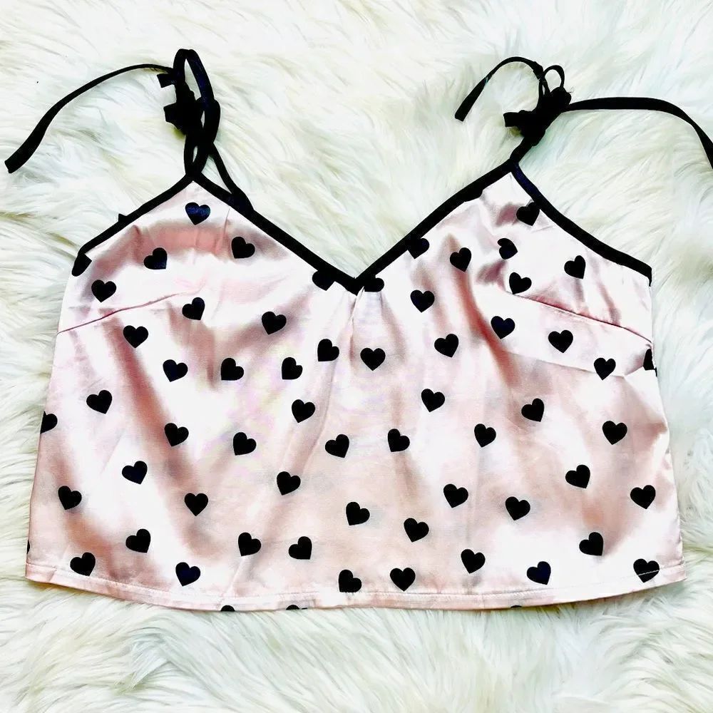 Yandy.com Silky Heart Pajama slip top pink and black size Small